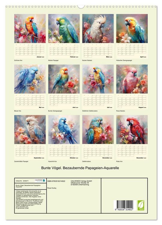 Produktbild: Bunte V&ouml;gel. Bezaubernde Papageien-Aquarelle (hochwertiger Premium Wandkalender 2026 DIN A2 hoch), Kunstdruck in Hochglanz