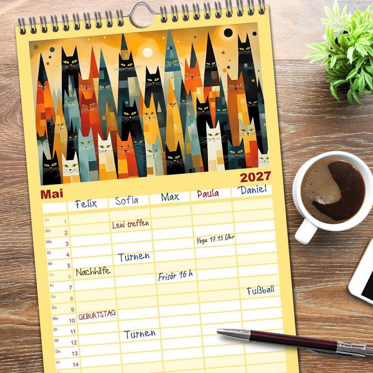 Produktbild: Familienplaner 2027 - Schnurrendes Katzenget&uuml;mmel mit 5 Spalten (Wandkalender, 21 x 45 cm) CALVENDO