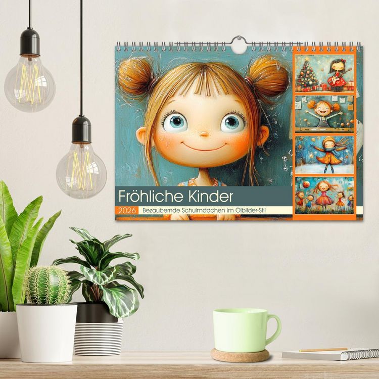 Produktbild: Fr&ouml;hliche Kinder. Bezaubernde Schulm&auml;dchen im &Ouml;lbilder-Stil (Wandkalender 2026 DIN A4 quer), CALVENDO Monatskalender