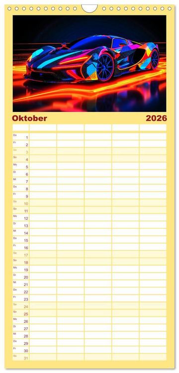 Produktbild: Familienplaner 2026 - Futuristische Neon Cars mit 5 Spalten (Wandkalender, 21 x 45 cm) CALVENDO