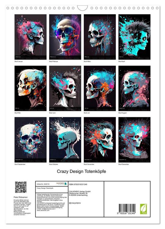 Produktbild: Crazy Design Totenk&ouml;pfe (Wandkalender 2026 DIN A3 hoch), CALVENDO Monatskalender