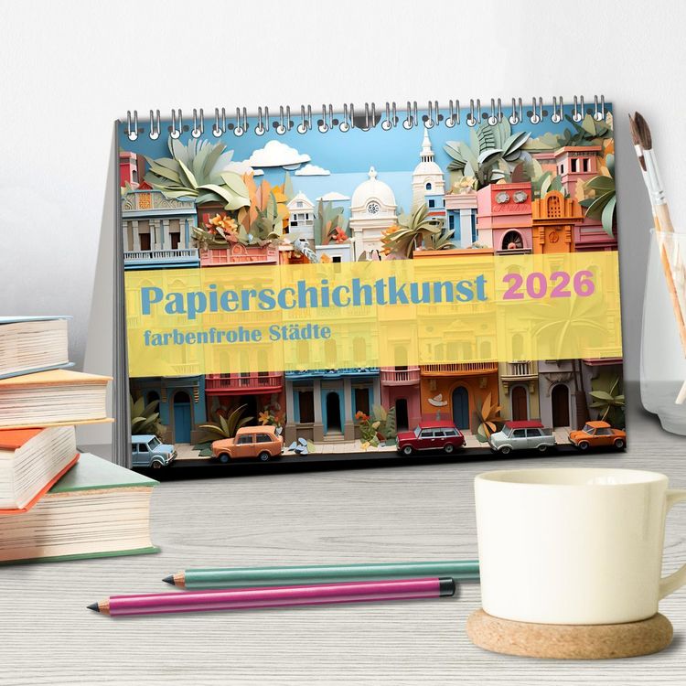 Produktbild: Papierschicktkunst - farbenfohe St&auml;dte (Tischkalender 2026 DIN A5 quer), CALVENDO Monatskalender