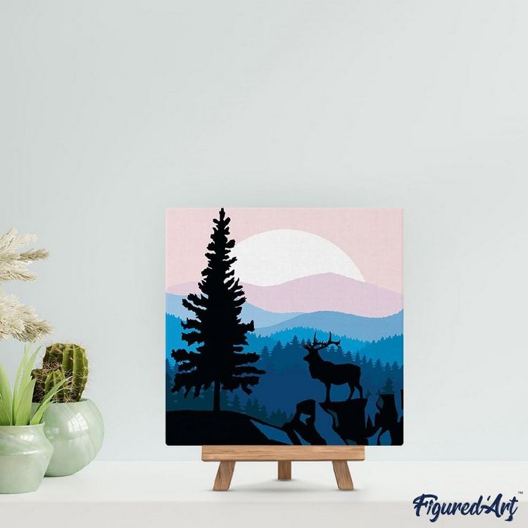 Produktbild: FiguredArt SFA009-Y - Mini Malen nach Zahlen, Majest&auml;tischer Hirsch und Landschaft, Leinwand-Keilrahmen 20x20cm, DIY Bastelset, Paint by Numbers