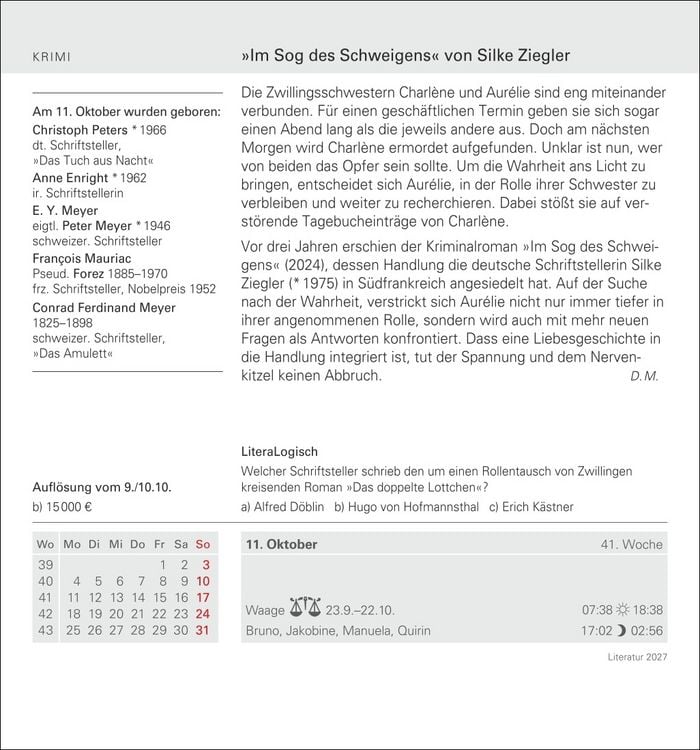 Produktbild: Literatur Tagesabrei&szlig;kalender 2027 - Kulturkalender - Autoren, Werke, H&ouml;rb&uuml;cher