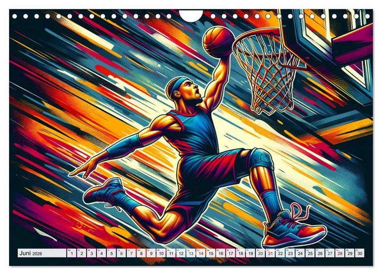 Produktbild: Basketball Expressionismus - Kunstvolle KI Interpretationen des Courts (Wandkalender 2026 DIN A4 quer), CALVENDO Monatskalender