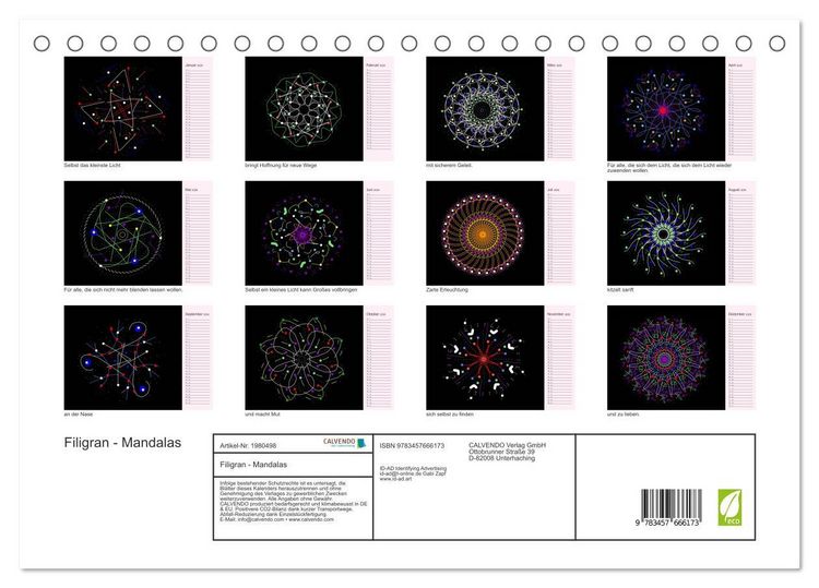 Produktbild: Filigran - Mandalas (Tischkalender 2026 DIN A5 quer), CALVENDO Monatskalender