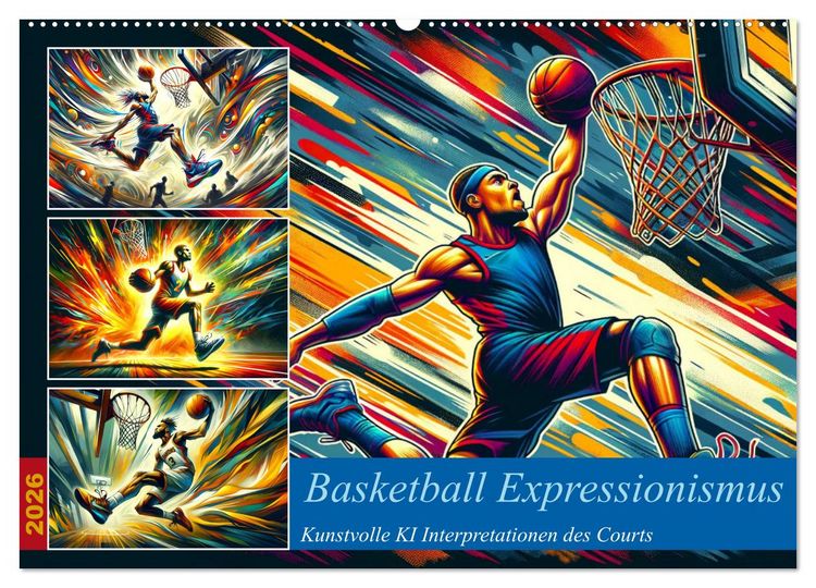 Produktbild: Basketball Expressionismus - Kunstvolle KI Interpretationen des Courts (Wandkalender 2026 DIN A2 quer), CALVENDO Monatskalender