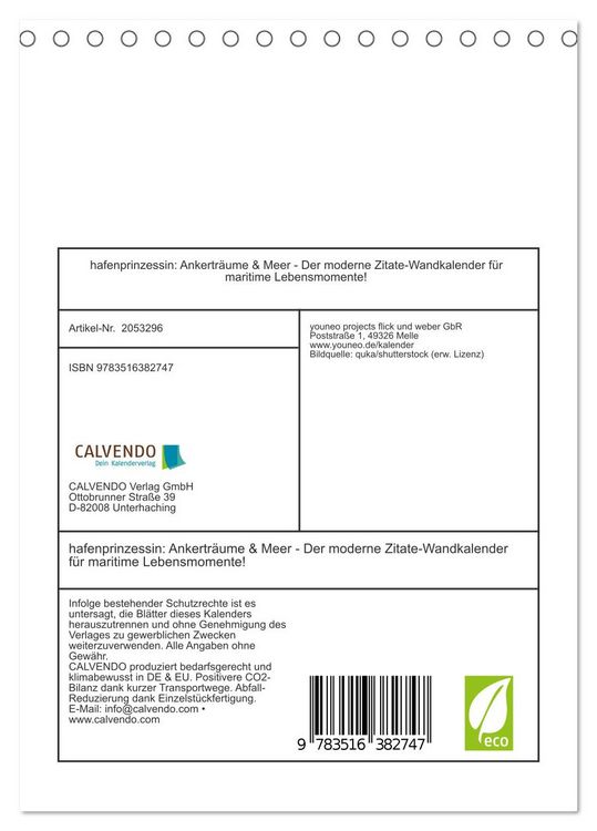Produktbild: hafenprinzessin: Ankertr&auml;ume & Meer - Der moderne Zitate-Wandkalender f&uuml;r maritime Lebensmomente! (Tischkalender 2026 DIN A5 hoch), CALVENDO Monatskalender