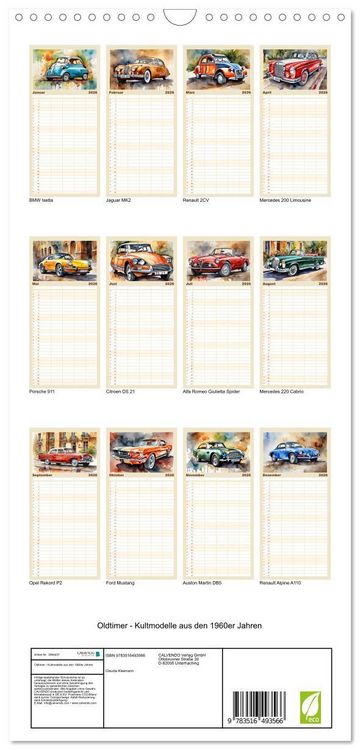 Produktbild: Familienplaner 2026 - Oldtimer - Kultmodelle aus den 1960er Jahren mit 5 Spalten (Wandkalender, 21 x 45 cm) CALVENDO