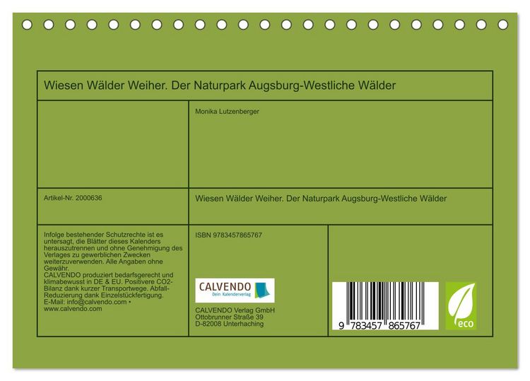 Produktbild: Wiesen W&auml;lder Weiher. Der Naturpark Augsburg-Westliche W&auml;lder (Tischkalender 2026 DIN A5 quer), CALVENDO Monatskalender
