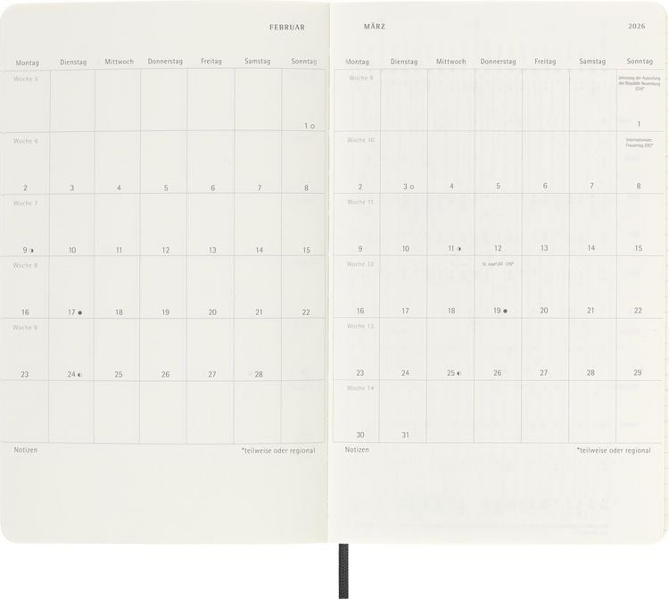 Moleskine 12 Monate Wochen Notizkalender Deutsch 2026, Large/A5, 1 Wo = 1 Seite, rechts linierte Seite, Weicher Einband, Schwarz