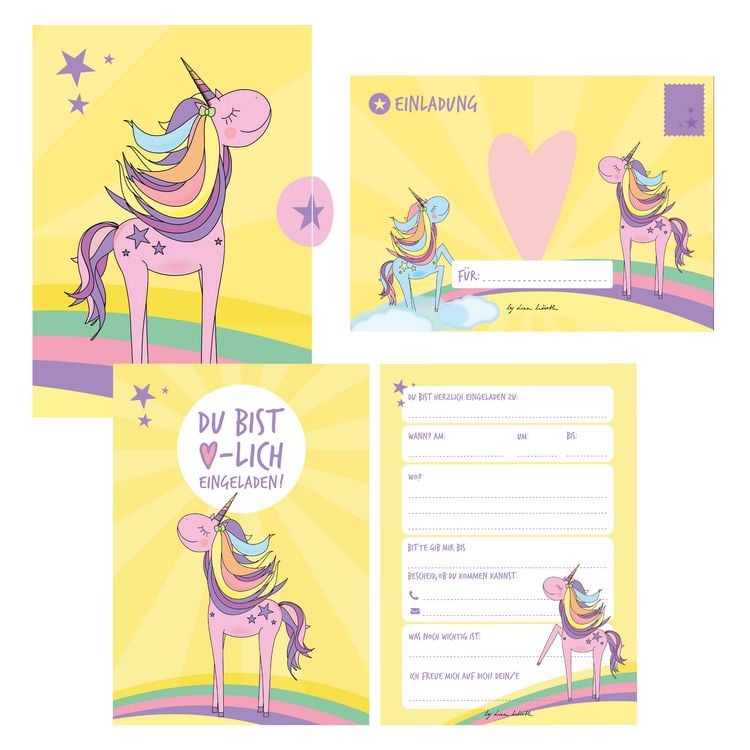 Produktbild: 12 Einladungskarten Geburtstag Einhorn (Handgemachte Einladungskarten Kindergeburtstag inkl. 12 liebevollen Hand designten Briefumschl&auml;gen)