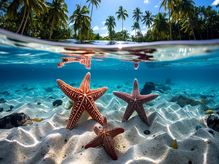 Produktbild: CALVENDO Puzzle Seesterne - Unterwasser mit Palmen | 1000 Teile Lege-Gr&ouml;&szlig;e 64x48cm Foto-Puzzle f&uuml;r gl&uuml;ckliche Stunden