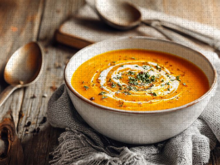 Produktbild: CALVENDO Puzzle Cremige K&uuml;rbissuppe mit Kokos und frischen Kr&auml;utern | 1000 Teile Lege-Gr&ouml;&szlig;e 64x48cm Foto-Puzzle f&uuml;r gl&uuml;ckliche Stunden