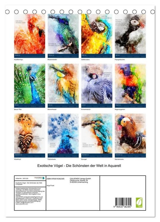 Produktbild: Exotische V&ouml;gel - Die Sch&ouml;nsten der Welt in Aquarell (Tischkalender 2026 DIN A5 hoch), CALVENDO Monatskalender