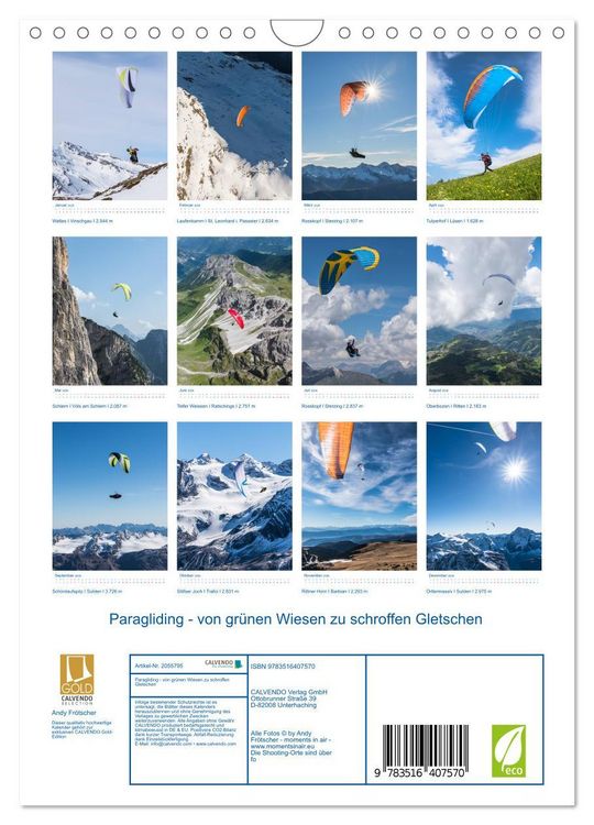 Produktbild: Paragliding - von gr&uuml;nen Wiesen zu schroffen Gletschen (Wandkalender 2026 DIN A4 hoch), CALVENDO Monatskalender