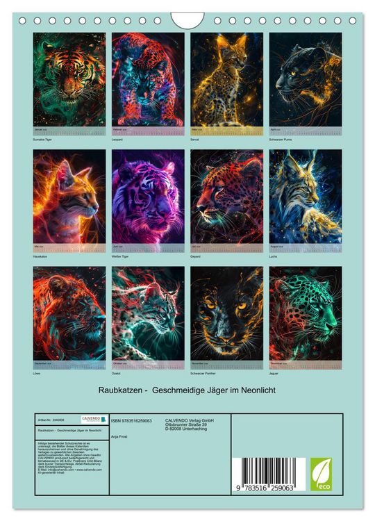 Produktbild: Raubkatzen - Geschmeidige J&auml;ger im Neonlicht (Wandkalender 2026 DIN A4 hoch), CALVENDO Monatskalender