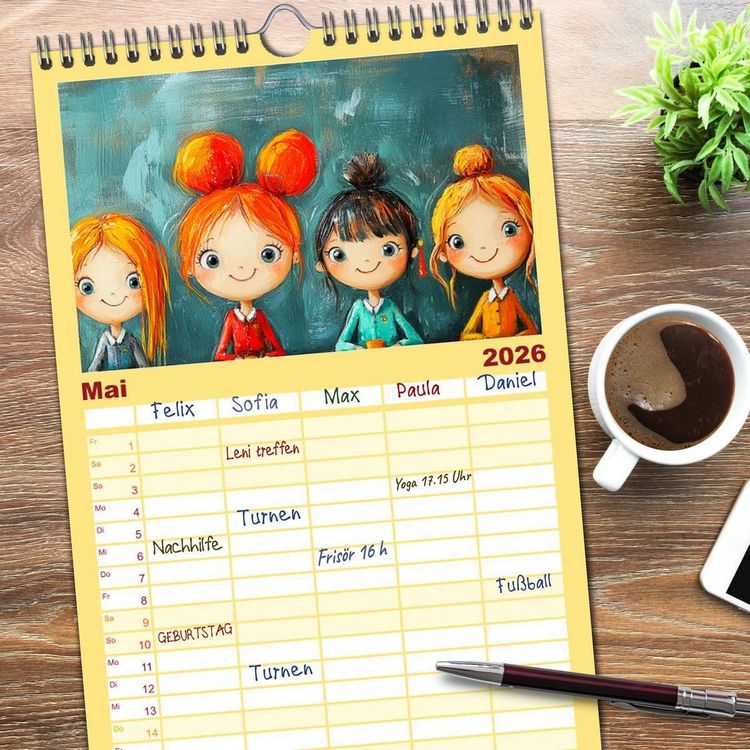 Produktbild: Familienplaner 2026 - Fr&ouml;hliche Kinder. Bezaubernde Schulm&auml;dchen im &Ouml;lbilder-Stil mit 5 Spalten (Wandkalender, 21 x 45 cm) CALVENDO