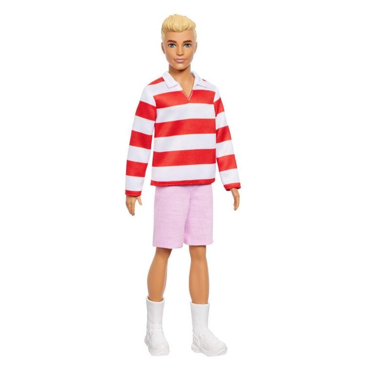 Produktbild: Barbie Fashionistas Ken-Puppe Nr. 241 in rot-weiß gestreiftem Oberteil und rosafarbener kurzer Hose mit weißen Sneakern, blond