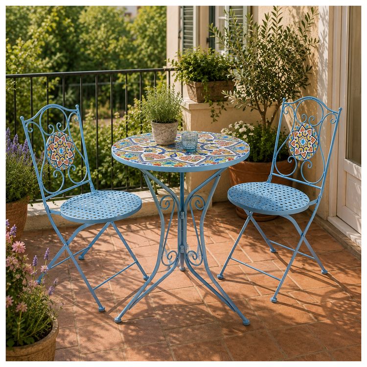 Produktbild: HTI-Living Bistro Sitzgruppe Metall blau Tisch mit 2 St&uuml;hlen Balkon Set Gartenm&ouml;bel Mosaik