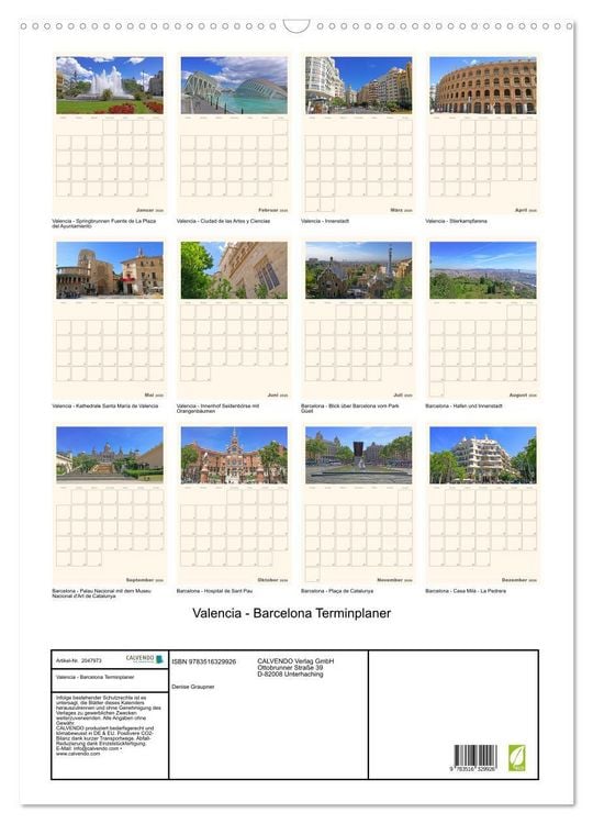 Produktbild: Valencia - Barcelona Terminplaner (Wandkalender 2026 DIN A2 hoch), CALVENDO Monatskalender