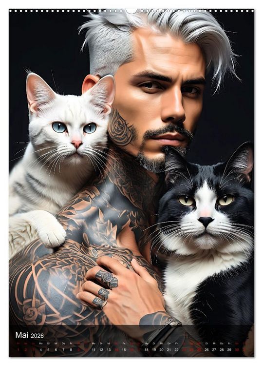 Produktbild: Verschmuste Kerle - Muskeln, Tattoos und Miezekatzen (hochwertiger Premium Wandkalender 2026 DIN A2 hoch), Kunstdruck in Hochglanz