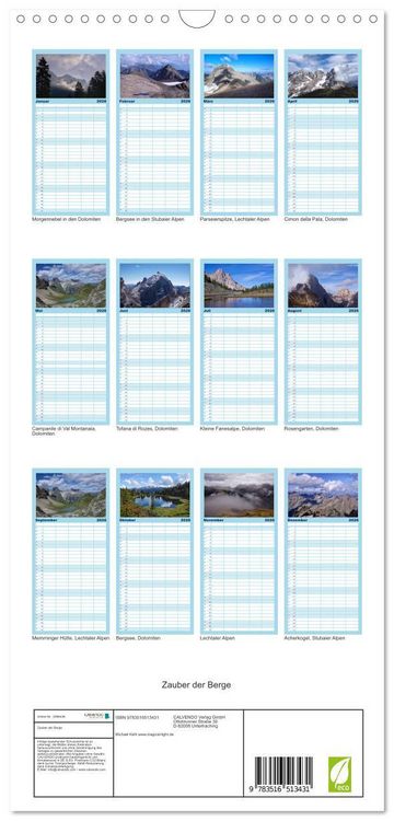 Produktbild: Familienplaner 2026 - Zauber der Berge mit 5 Spalten (Wandkalender, 21 x 45 cm) CALVENDO