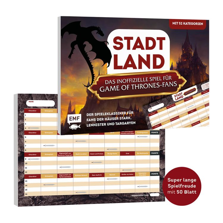 Produktbild: Stadt, Land, das inoffizielle Spiel f&uuml;r Game of Thrones-Fans &ndash; Der Spieleklassiker f&uuml;r Fans der H&auml;user Stark, Lannister und Targaryen