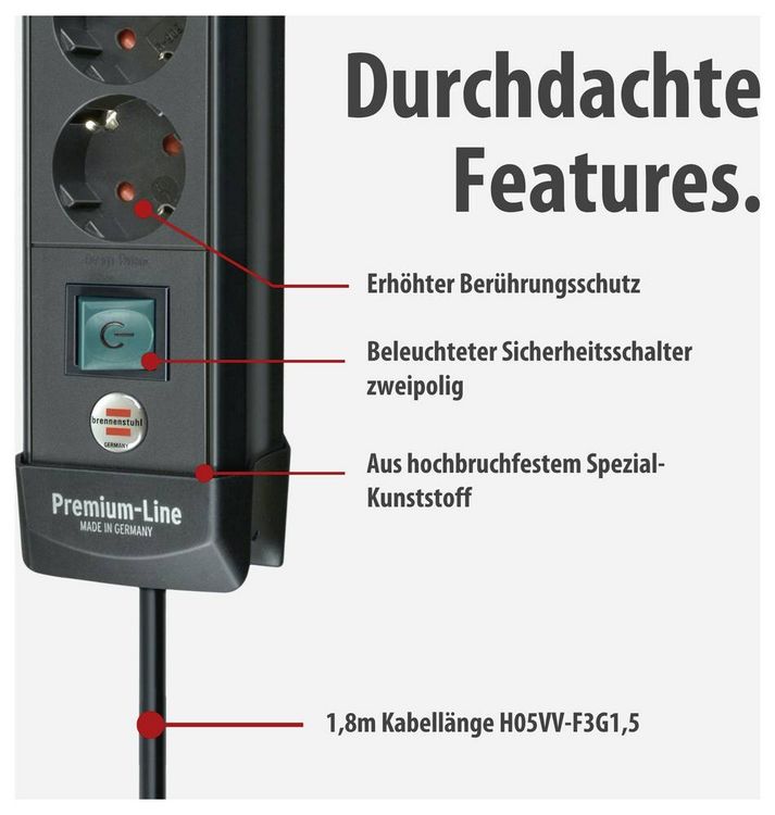 Produktbild: Brennenstuhl 1951140100 Steckdosenleiste mit Schalter 4fach Schwarz Schutzkontakt 1St.