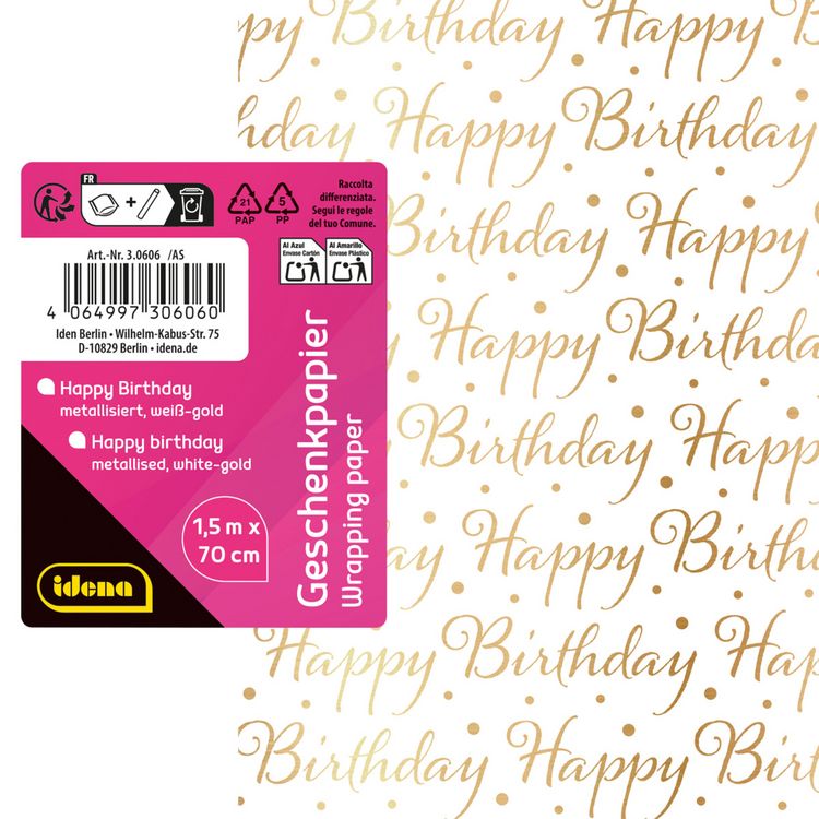 Produktbild: Idena Geschenkpapier Happy Birthday wei&szlig; gold metallisiert 70cmx150cm