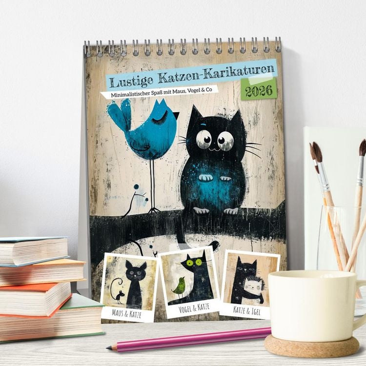 Produktbild: Lustige Katzen-Karikaturen - Minimalistischer Spa&szlig; mit Maus, Vogel und Co (Tischkalender 2026 DIN A5 hoch), CALVENDO Monatskalender