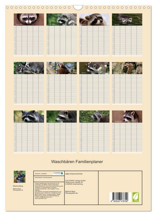 Produktbild: Waschb&auml;ren Familienplaner (Wandkalender 2026 DIN A3 hoch), CALVENDO Monatskalender