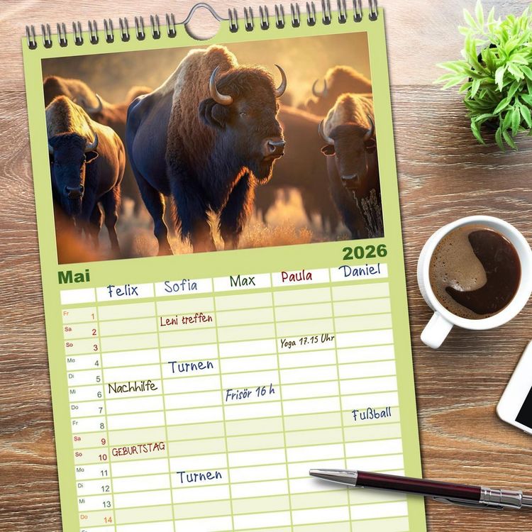 Produktbild: Familienplaner 2026 - Amerikanischer Bison mit 5 Spalten (Wandkalender, 21 x 45 cm) CALVENDO