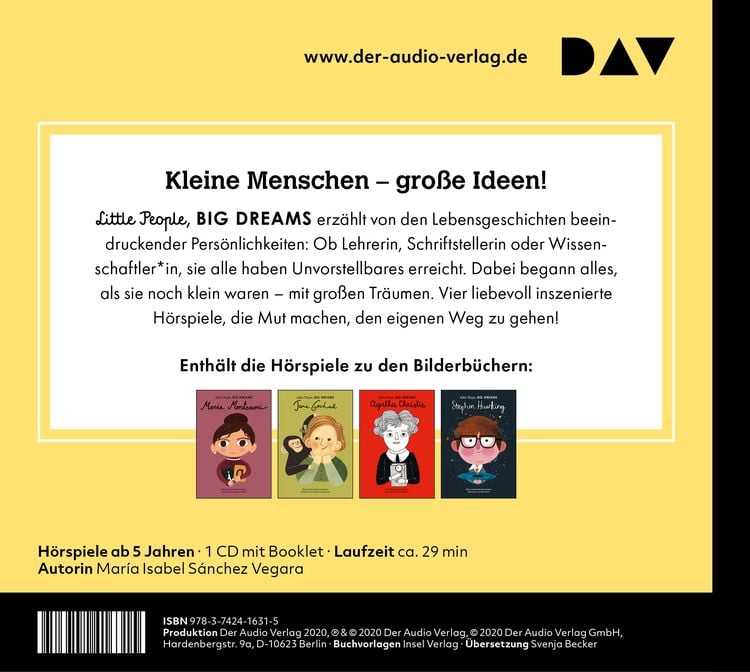 Produktbild: Little People, Big Dreams&reg; &ndash; Teil 1: Maria Montessori, Jane Goodall, Agatha Christie, Stephen Hawking
