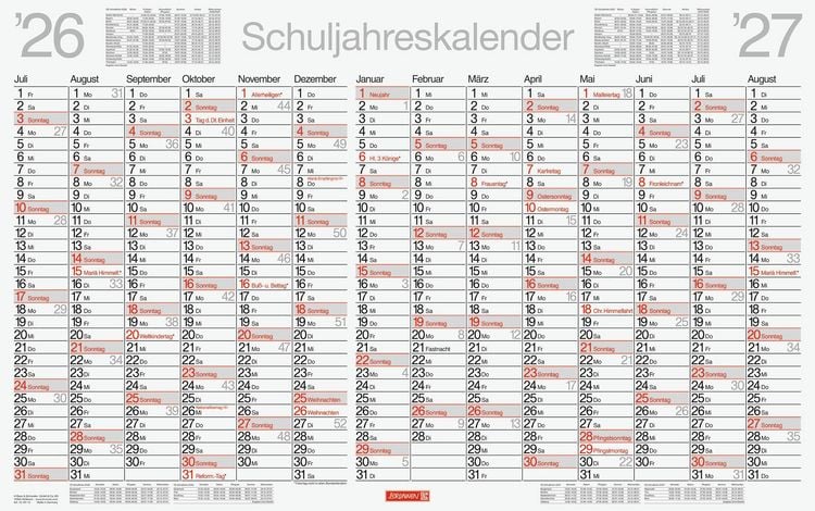 Produktbild: Schuljahreskalender 2026/2027 abwischbar | 750&times;470 mm