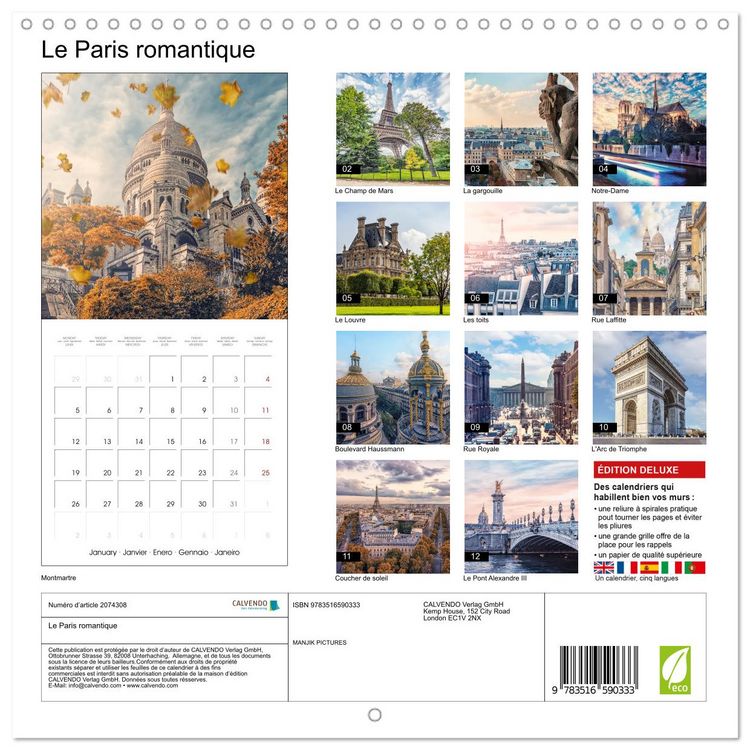 Produktbild: Le Paris romantique (Calendrier mural carr&eacute; 2026 30x30 cm) Calendrier double avec une page pour vos prises de notes