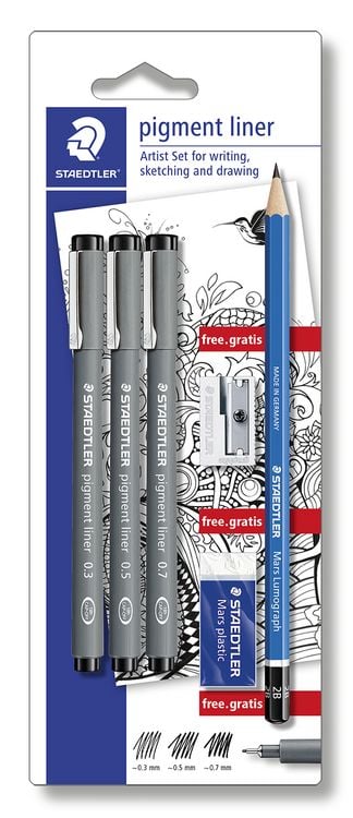 Produktbild: STAEDTLER pigment liner 308 Fineliner, 3er Set (0.3, 0.5, 0.7), 1 Radierer + 1 Spitzer, 308 SBK3P