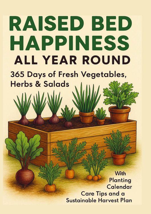 Produktbild: RAISED BED HAPPINESS ALL YEAR ROUND 365 Days of Fresh Vegetables, Herbs & Salads - With Planting Calendar, Care Tips and a Sustainable Harvest Plan