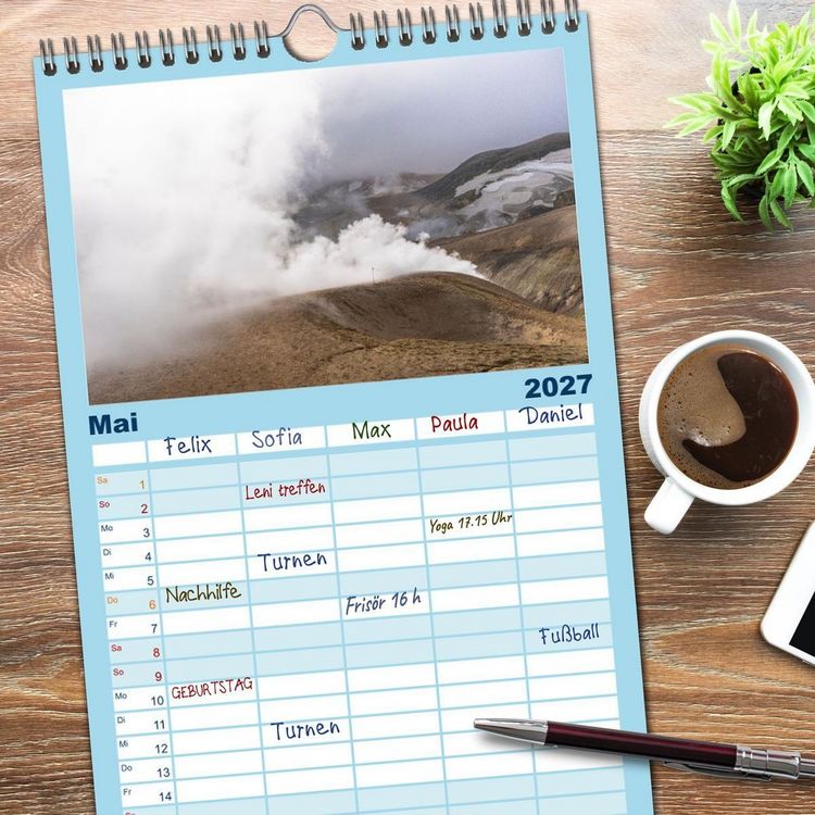 Produktbild: Familienplaner 2027 - Island - Gletscher, Wasserf&auml;lle, Hei&szlig;e Quellen mit 5 Spalten (Wandkalender, 21 x 45 cm) CALVENDO