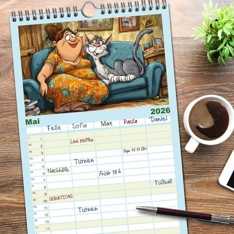Produktbild: Familienplaner 2026 - Katzen und Frauen. Lustige Cartoons vom t&auml;glichen Chaos mit 5 Spalten (Wandkalender, 21 x 45 cm) CALVENDO