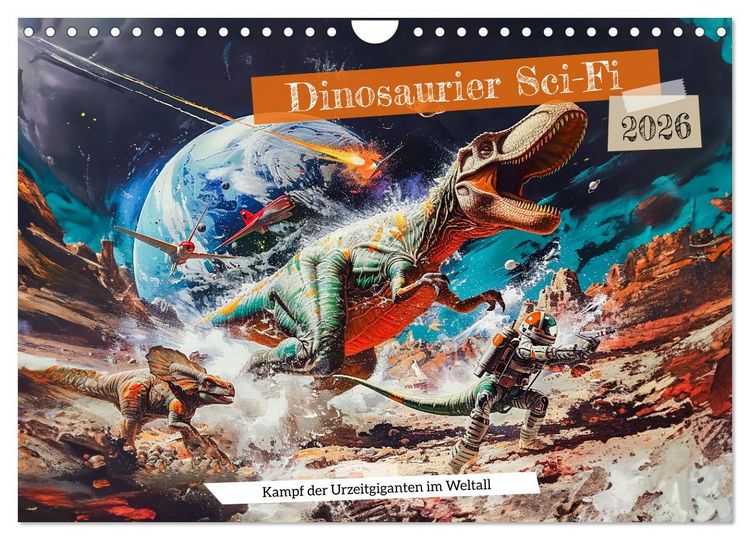 Produktbild: Dinosaurier Sci-Fi - Kampf der Urzeitgiganten im Weltall (Wandkalender 2026 DIN A4 quer), CALVENDO Monatskalender