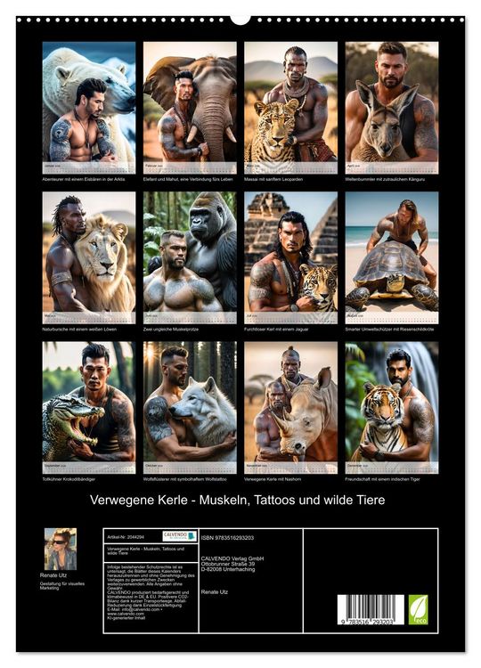 Produktbild: Verwegene Kerle - Muskeln, Tattoos und wilde Tiere (hochwertiger Premium Wandkalender 2026 DIN A2 hoch), Kunstdruck in Hochglanz