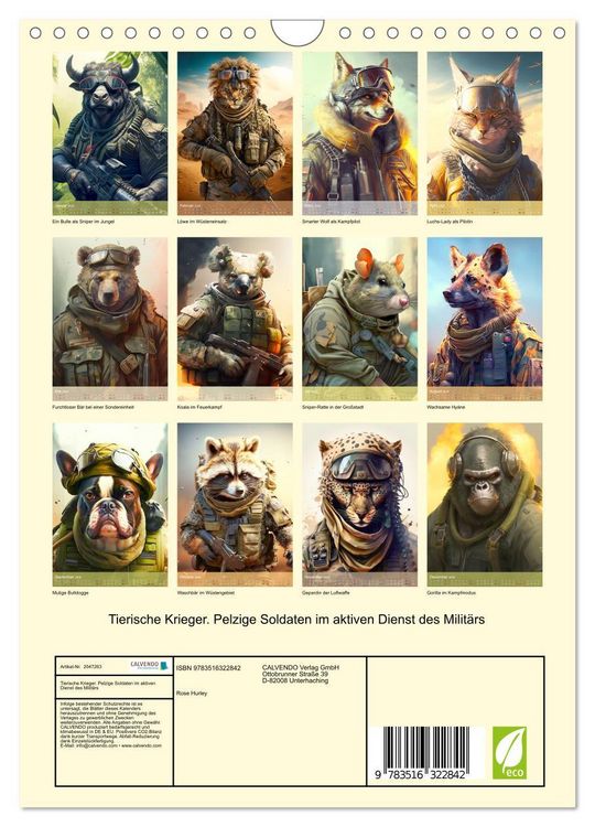 Produktbild: Tierische Krieger. Pelzige Soldaten im aktiven Dienst des Milit&auml;rs (Wandkalender 2026 DIN A4 hoch), CALVENDO Monatskalender