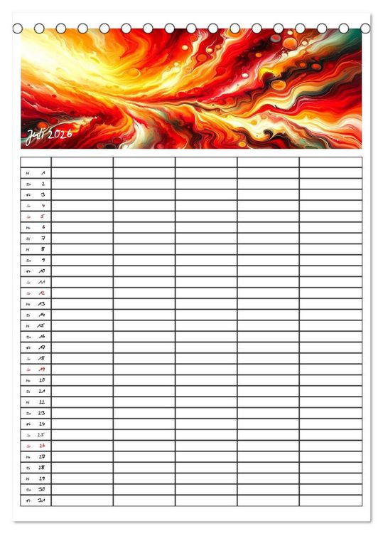 Produktbild: Pouring Art Familienplaner - Durch das Jahr mit KI-kreierter Pouring Kunst (Tischkalender 2026 DIN A5 hoch), CALVENDO Monatskalender