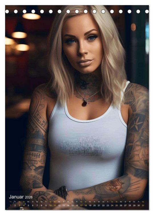Produktbild: Tattoo Sch&ouml;nheiten - zw&ouml;lf Monate, zw&ouml;lf Frauen und jede Menge Tattoos (Tischkalender 2026 DIN A5 hoch), CALVENDO Monatskalender