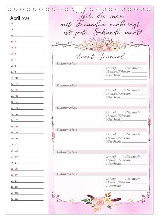 Produktbild: Geburtstagsplaner Boho Rosa - F&uuml;r Termine, Geschenke, Eventdetails & mehr (Wandkalender 2026 DIN A4 hoch), CALVENDO Monatskalender