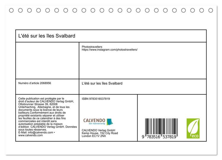 Produktbild: L'&eacute;t&eacute; sur les &icirc;les Svalbard (Calendrier de bureau 2026 DIN A5 vertical), CALVENDO calendrier mensuel