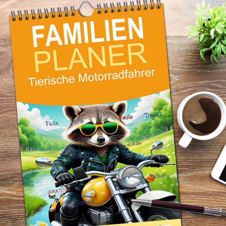 Produktbild: Familienplaner 2026 - Tierische Motorradfahrer mit 5 Spalten (Wandkalender, 21 x 45 cm) CALVENDO