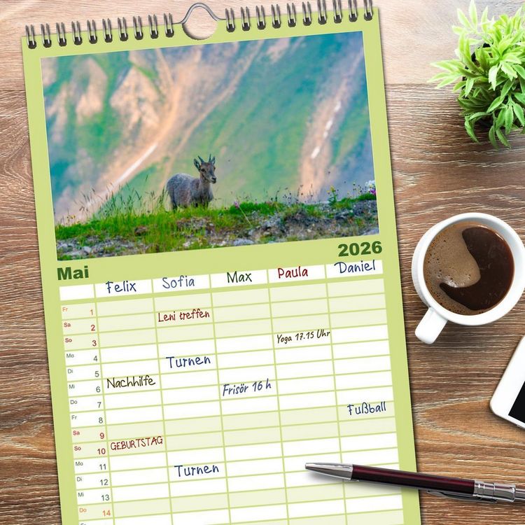Produktbild: Familienplaner 2026 - Bergk&ouml;nige - Steinb&ouml;cke im Blickpunkt der Naturfotografie mit 5 Spalten (Wandkalender, 21 x 45 cm) CALVENDO