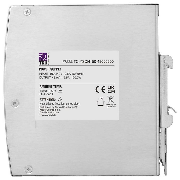 Produktbild: TRU COMPONENTS TC-13807988 Hutschienen-Netzteil (DIN-Rail) 48 V/DC 2.5 A 120 W Anzahl Ausg&auml;nge:1 x Inhalt 1 St.
